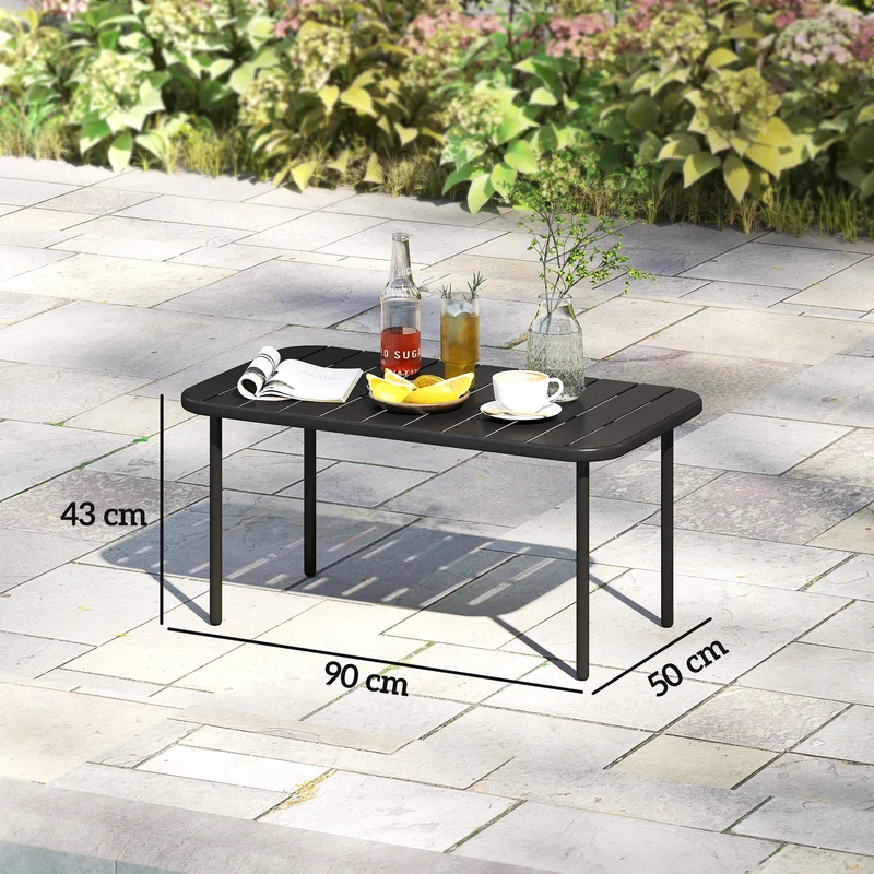 Mesa de Centro Exterior Mesa de Pátio Retangular em Metal Resistente às Intempéries com Tampo em Ripas para Uso Externo