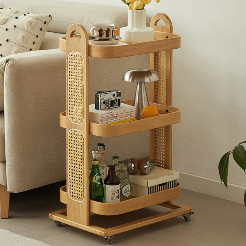 Traditional Rustic Rectangular Bamboo Rattan Weaving Movable Storage Shelf 2/3 Shelf For Living Room