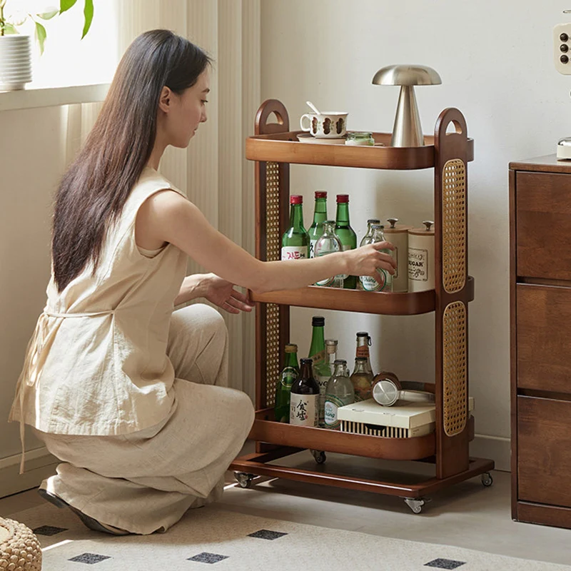 Traditional Rustic Rectangular Bamboo Rattan Weaving Movable Storage Shelf 2/3 Shelf For Living Room
