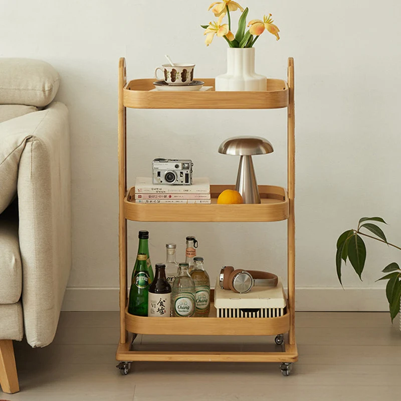 Traditional Rustic Rectangular Bamboo Rattan Weaving Movable Storage Shelf 2/3 Shelf For Living Room