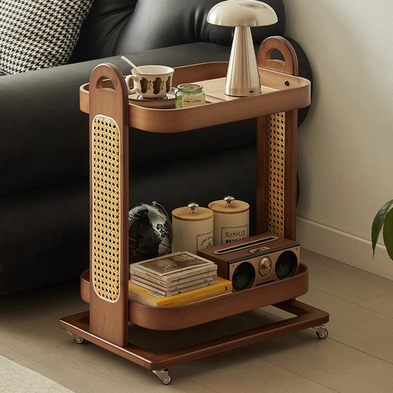 Traditional Rustic Rectangular Bamboo Rattan Weaving Movable Storage Shelf 2/3 Shelf For Living Room