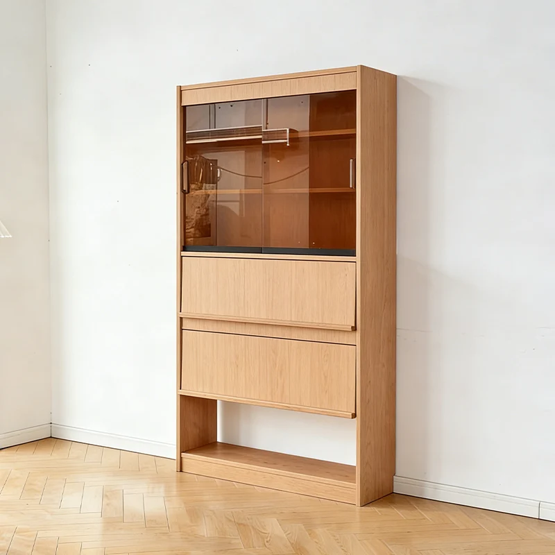 Contemporary Scandinavian Rectangular Cherry Wood Plywood Glass Bookshelf 6-Tier For Home Office