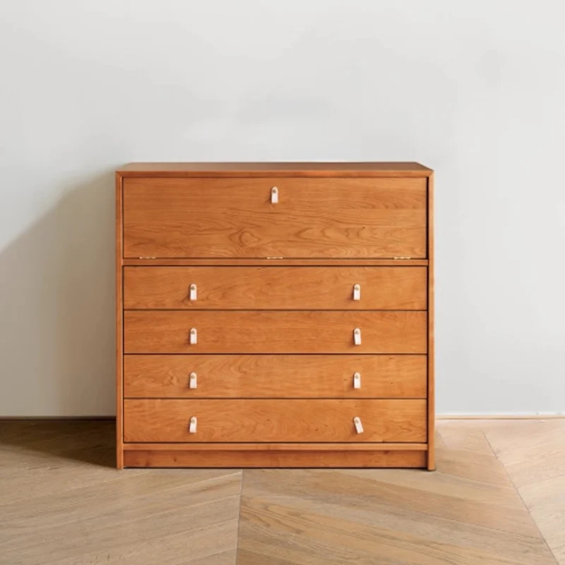 Contemporary Nordic Rectangular Cherry Wood Plywood Glass Storage Cabinet 4-Drawer For Living Room