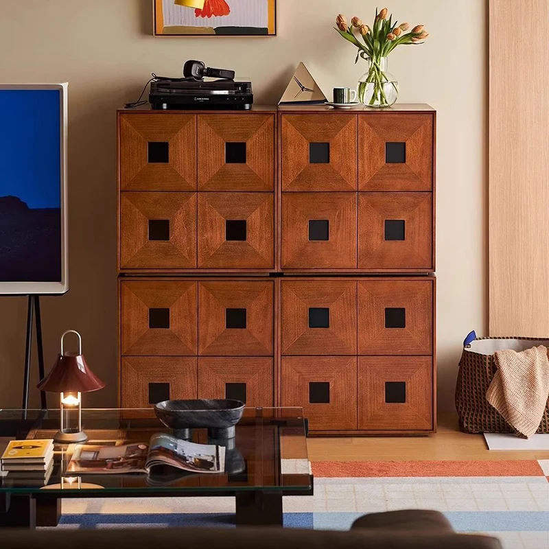 Traditional Vintage Rubberwood Square Storage Cabinet 2-Drawer For Living Room
