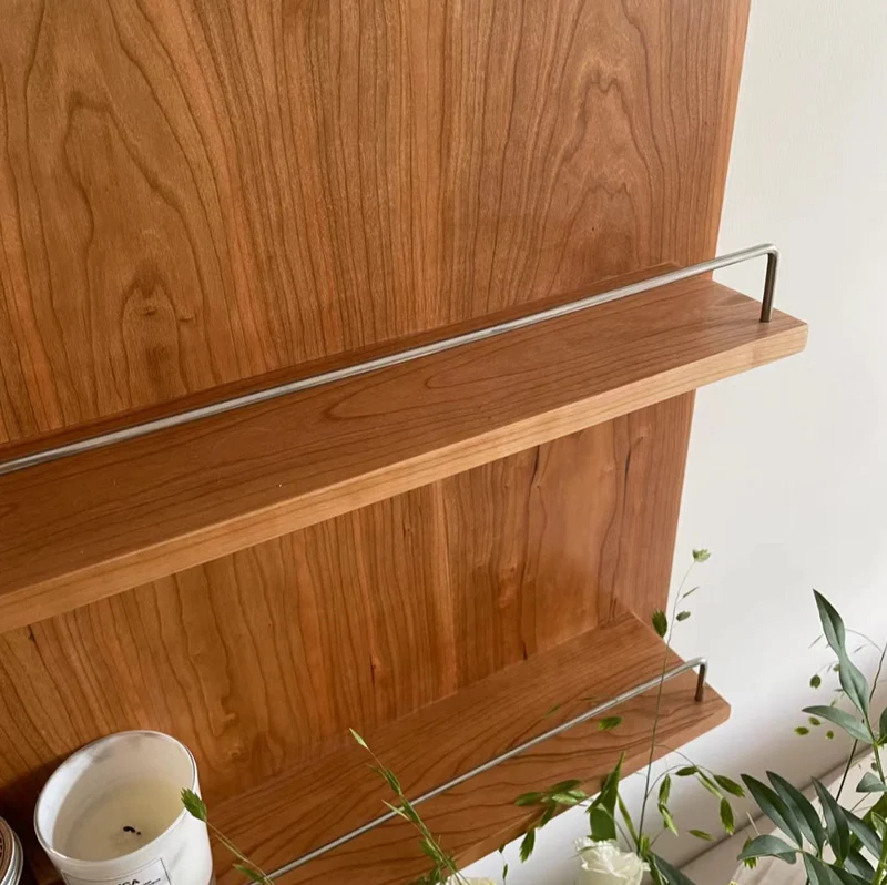 Modern Minimalist Cherry Wood & Plywood Rectangular Wall-Mounted Storage Shelf 3-Tier Living Room