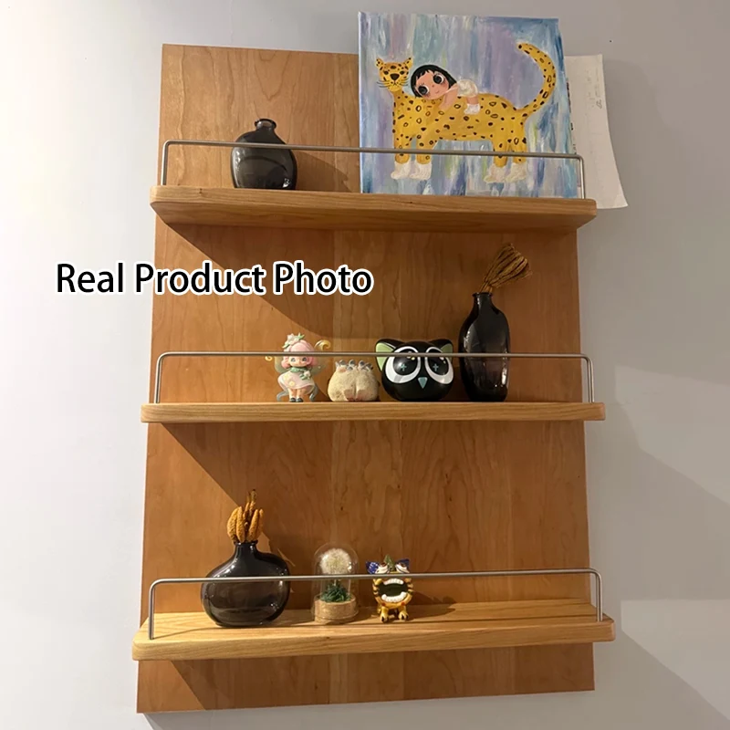 Modern Minimalist Cherry Wood & Plywood Rectangular Wall-Mounted Storage Shelf 3-Tier Living Room