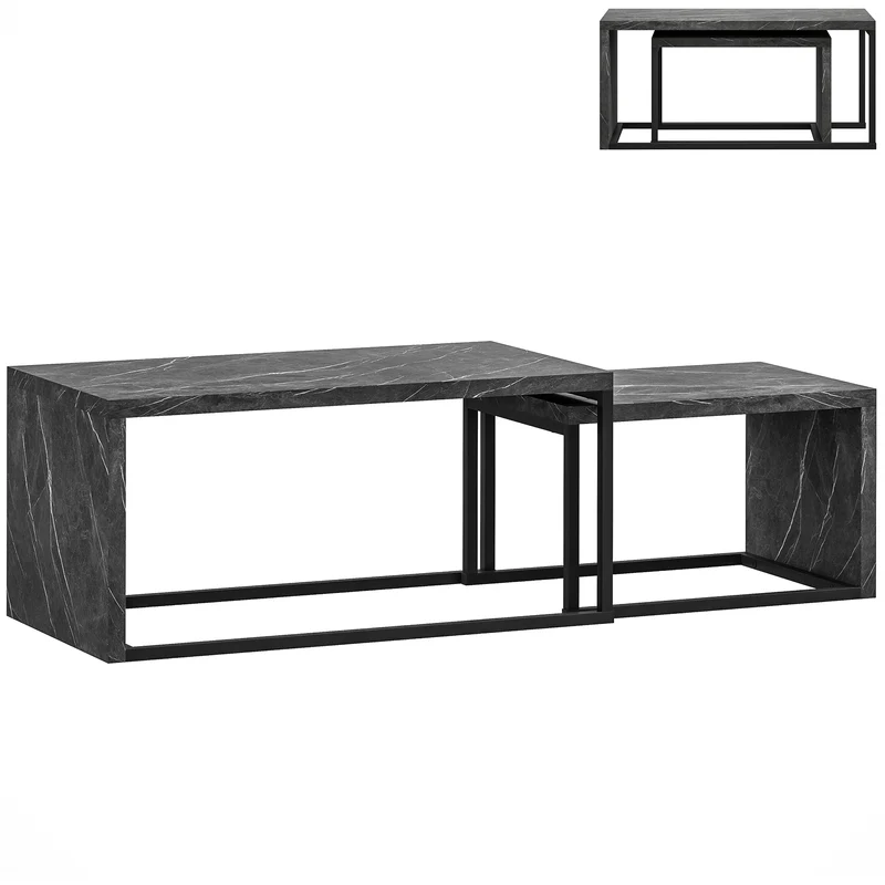 Conjunto de 2 Mesas Ninho Design Industrial Encaixáveis em Metal Preto e Efeito Mármore Cinzento Escuro