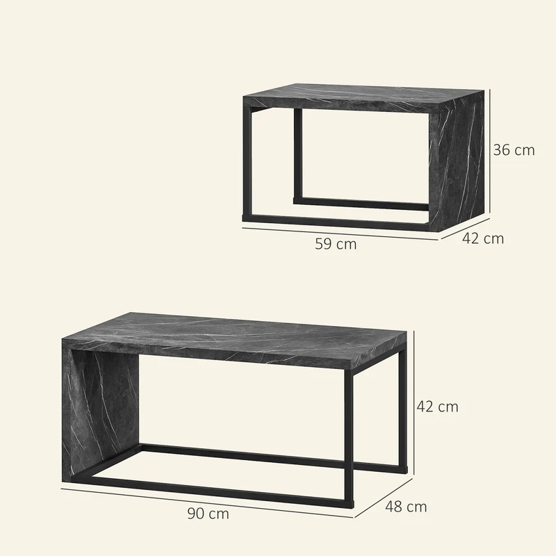Conjunto de 2 Mesas Ninho Design Industrial Encaixáveis em Metal Preto e Efeito Mármore Cinzento Escuro
