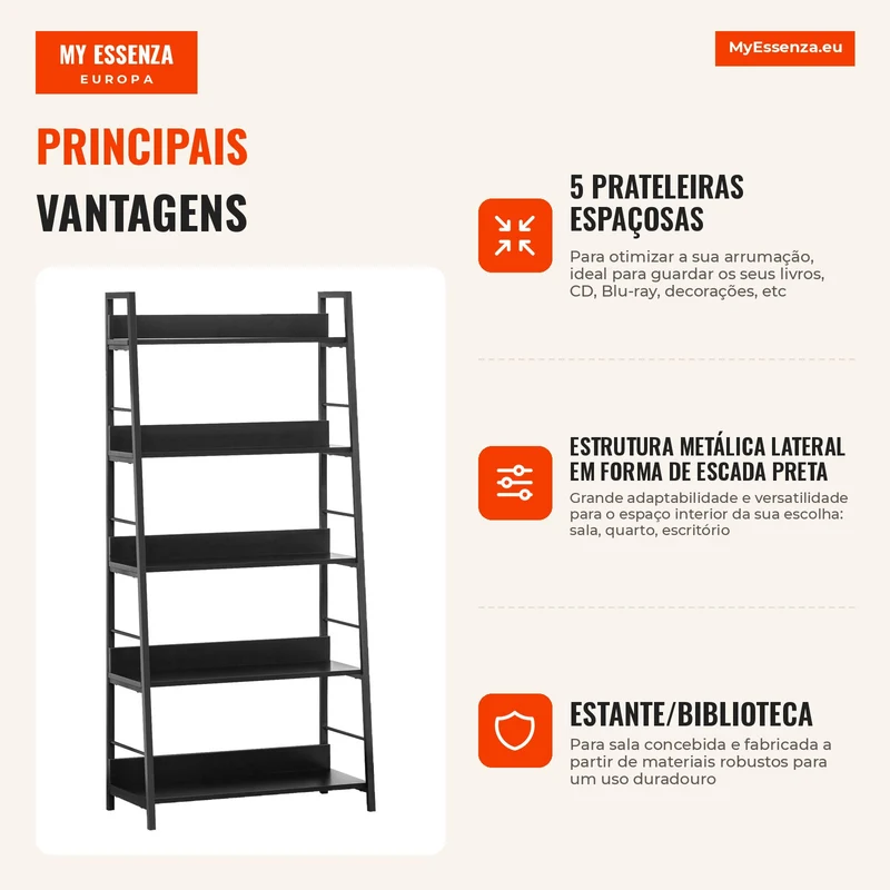 Estante Biblioteca de Arrumação Estilo Industrial inclinada 5 Níveis 70L x 35l x 150H cm Preto