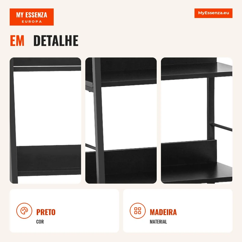 Estante Biblioteca de Arrumação Estilo Industrial inclinada 5 Níveis 70L x 35l x 150H cm Preto