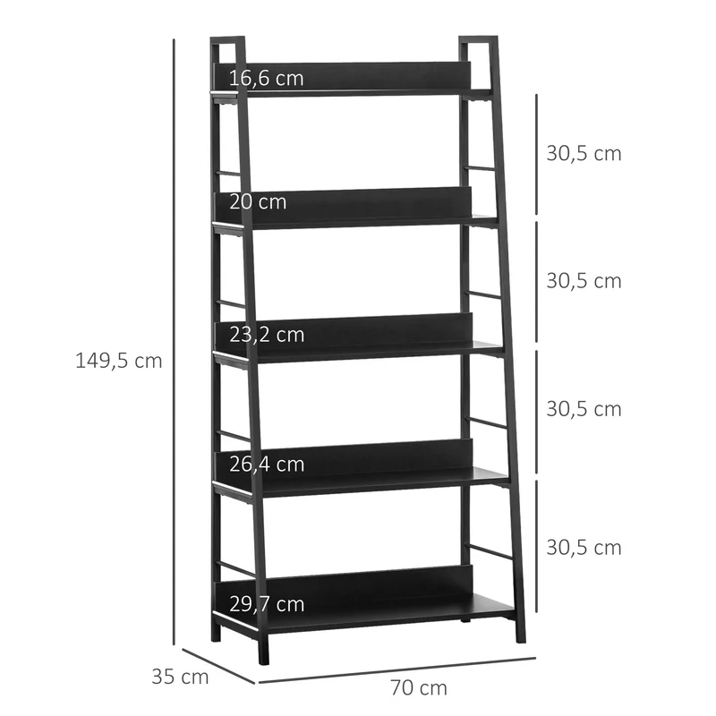 Estante Biblioteca de Arrumação Estilo Industrial inclinada 5 Níveis 70L x 35l x 150H cm Preto