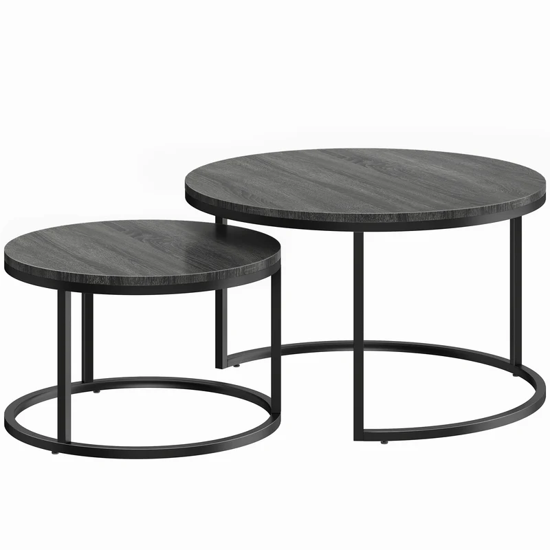 Conjunto Moderno de 2 Mesas de Café Mesas Auxiliares Empilháveis com Estrutura Metálica para Sala de Estar quarto Escritório Preto