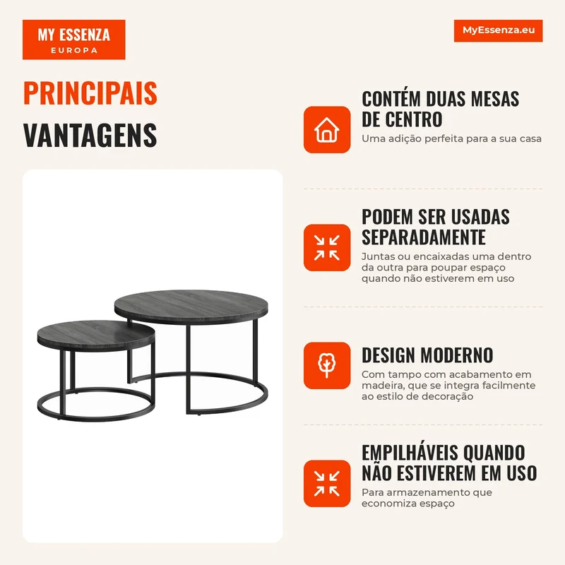 Conjunto Moderno de 2 Mesas de Café Mesas Auxiliares Empilháveis com Estrutura Metálica para Sala de Estar quarto Escritório Preto