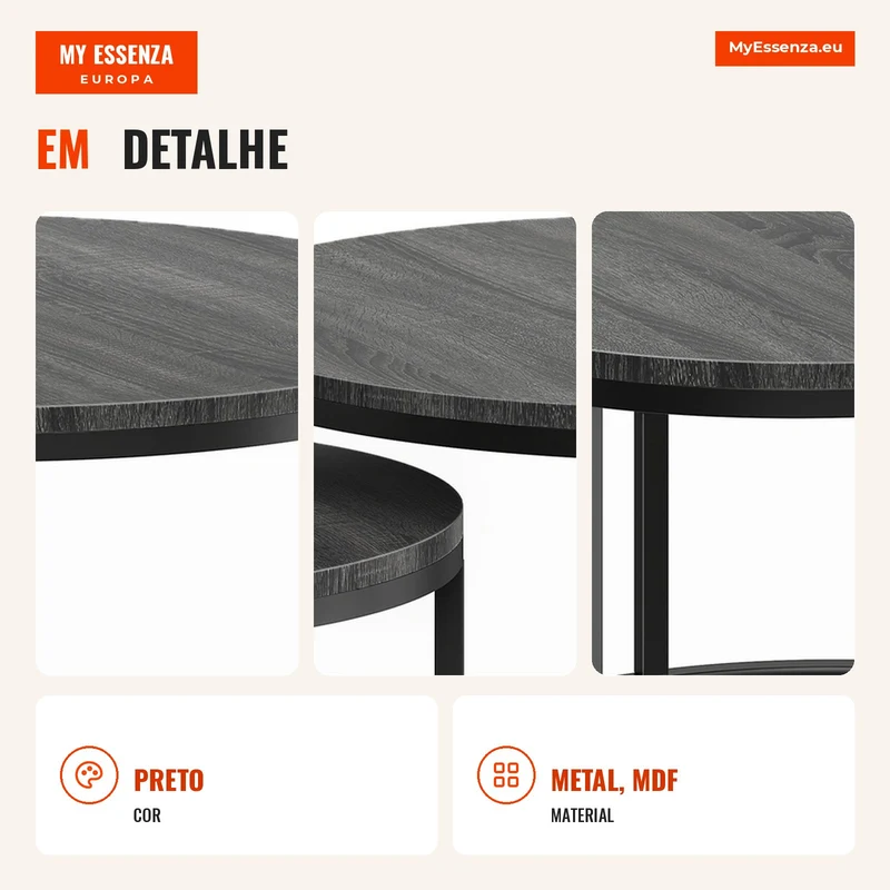Conjunto Moderno de 2 Mesas de Café Mesas Auxiliares Empilháveis com Estrutura Metálica para Sala de Estar quarto Escritório Preto