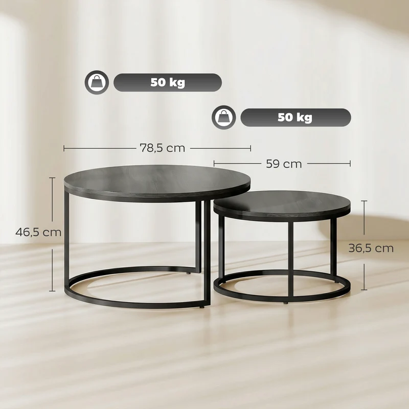 Conjunto Moderno de 2 Mesas de Café Mesas Auxiliares Empilháveis com Estrutura Metálica para Sala de Estar quarto Escritório Preto