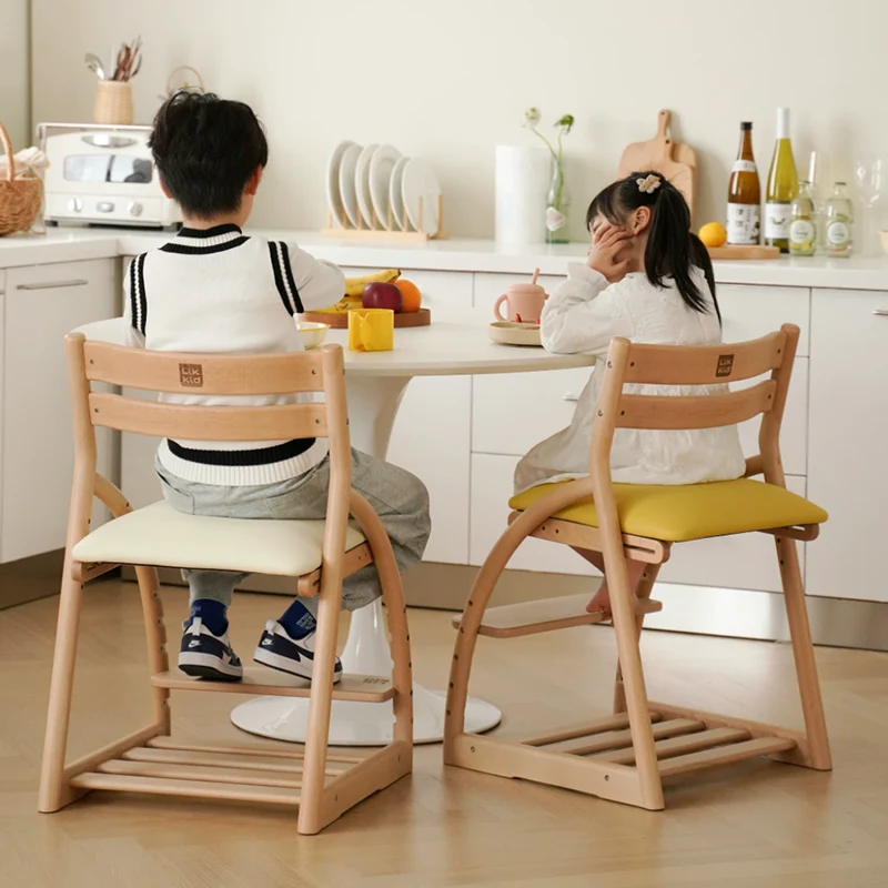 Modern Minimalist Solid Beech Wood Kids Study Chair - Adjustable Height Ergonomic Learning Chair With Footrest & Hidden Gravity Wheels