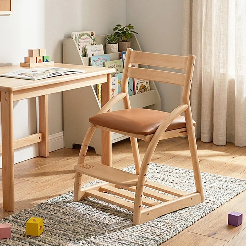 Modern Minimalist Solid Beech Wood Kids Study Chair - Adjustable Height Ergonomic Learning Chair With Footrest & Hidden Gravity Wheels