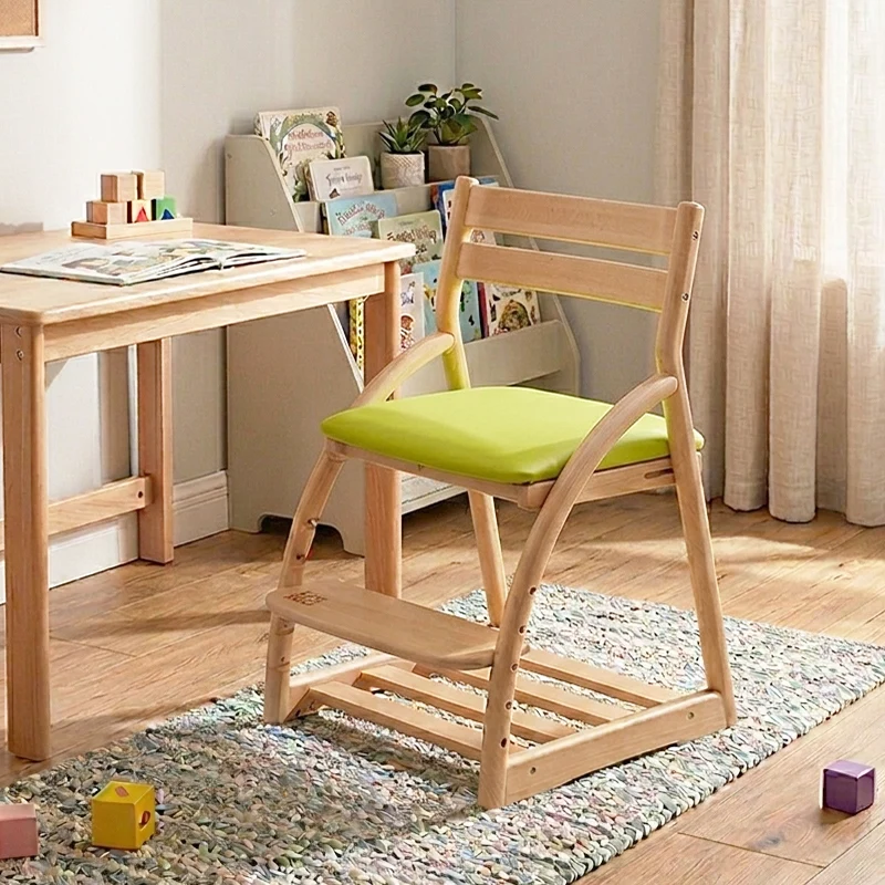 Modern Minimalist Solid Beech Wood Kids Study Chair - Adjustable Height Ergonomic Learning Chair With Footrest & Hidden Gravity Wheels