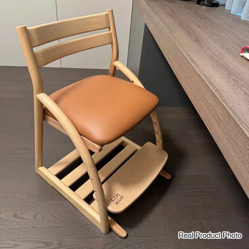 Modern Minimalist Solid Beech Wood Kids Study Chair - Adjustable Height Ergonomic Learning Chair With Footrest & Hidden Gravity Wheels