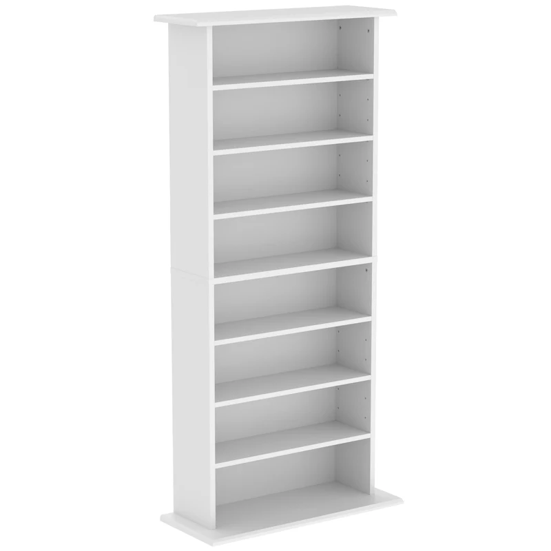 Estante de Mídia Estreita 8 Níveis 6 Prateleiras Ajustáveis 8 Compartimentos para 360 CDs Branco