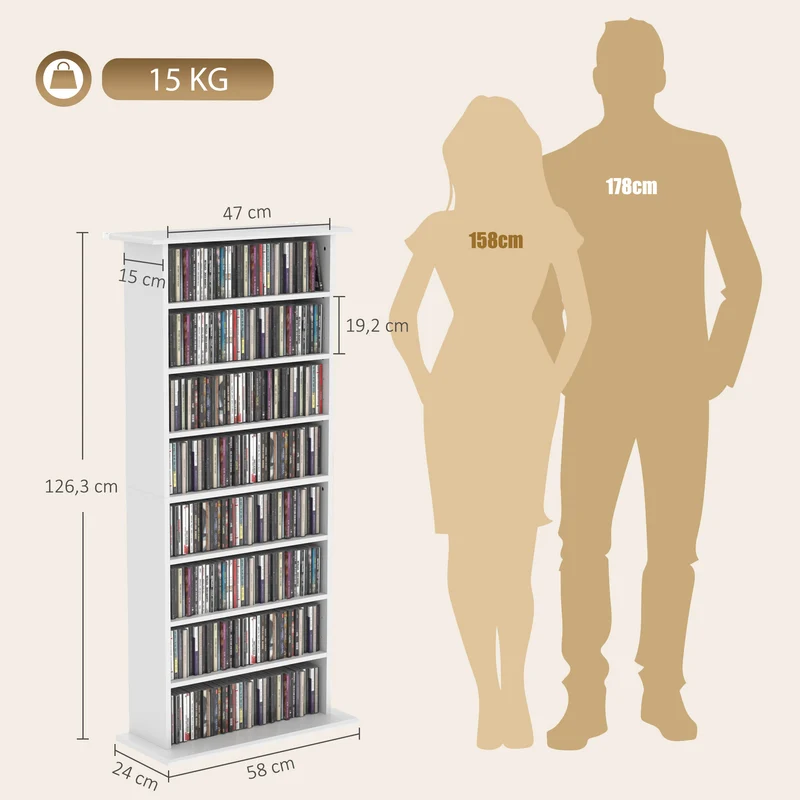 Estante de Mídia Estreita 8 Níveis 6 Prateleiras Ajustáveis 8 Compartimentos para 360 CDs Branco