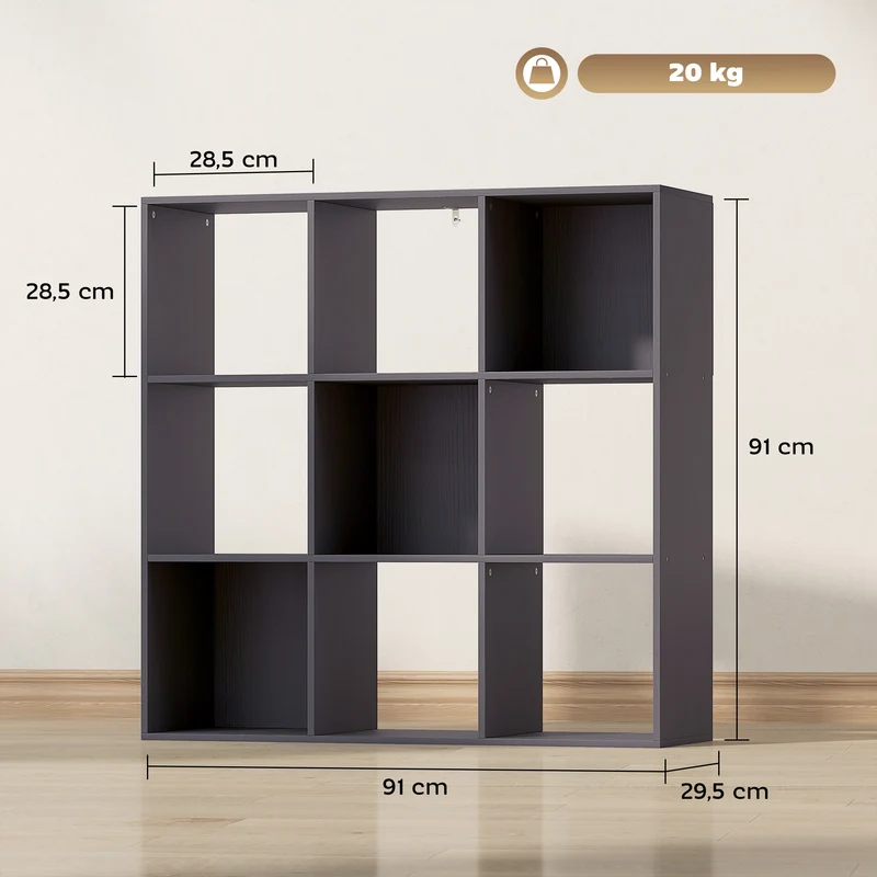 Estante de Arrumação de 3 Níveis com 9 Compartimentos para Sala Escritório Quarto 91x29,5x91 cm Cinza