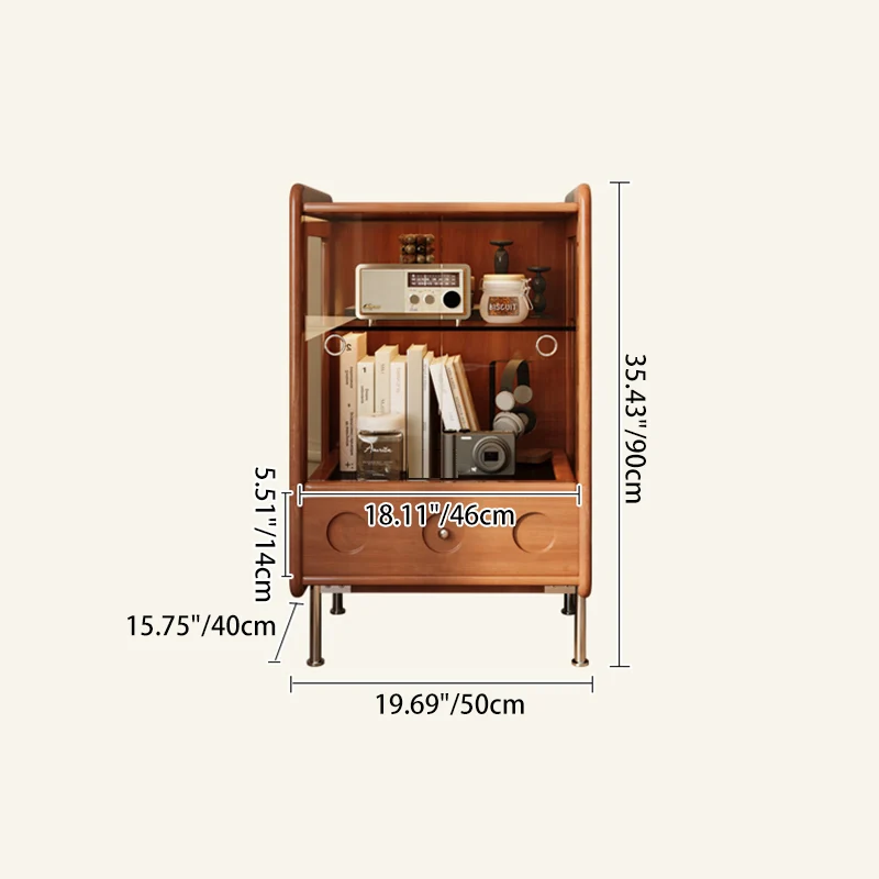 Traditional French Poplar Wood Glass Stainless Steel Rounded Rectangular Storage Cabinet 1-Drawer For Living Room