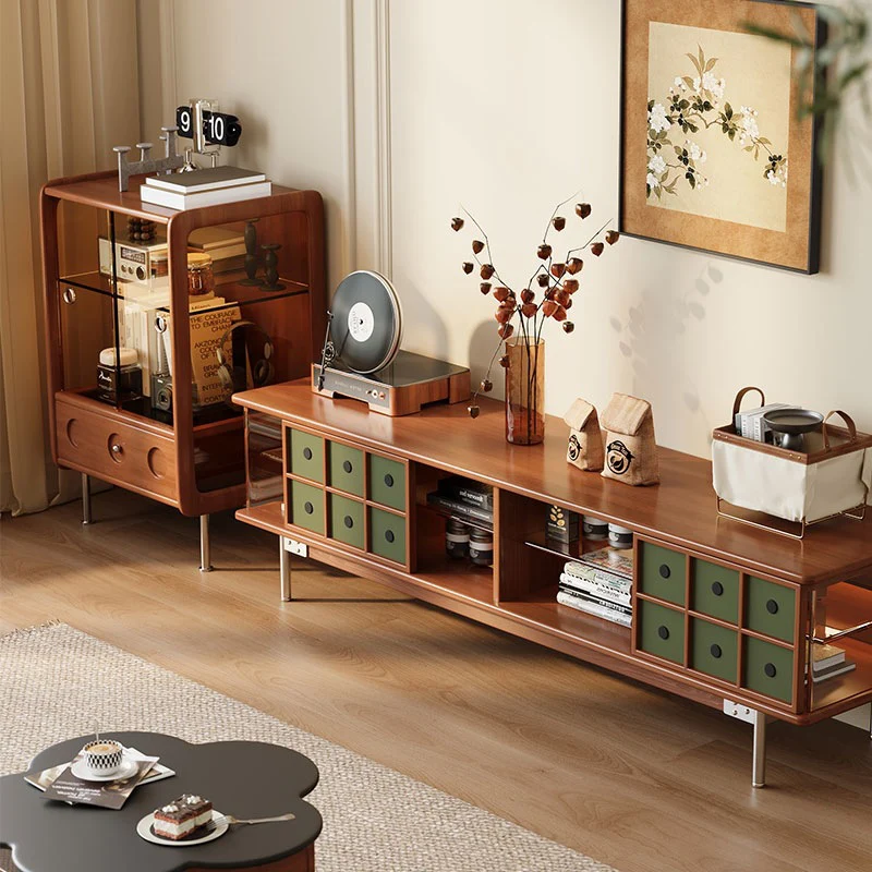 Traditional French Poplar Wood Glass Stainless Steel Rounded Rectangular Storage Cabinet 1-Drawer For Living Room