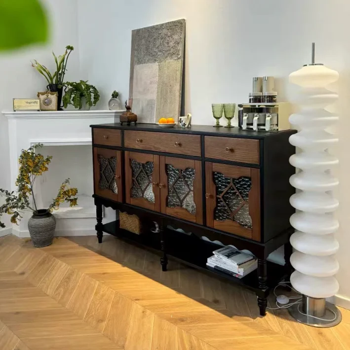 Traditional French Pine Wood Glass Rectangular Diamond Cylindrical Storage Cabinet 3-Drawer For Living Room