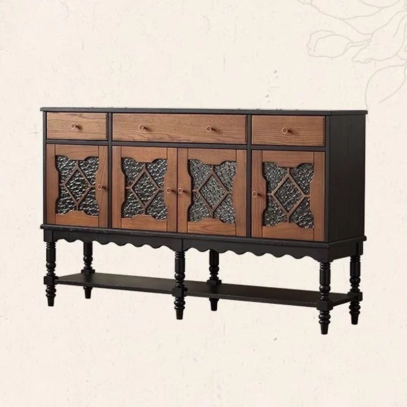 Traditional French Pine Wood Glass Rectangular Diamond Cylindrical Storage Cabinet 3-Drawer For Living Room