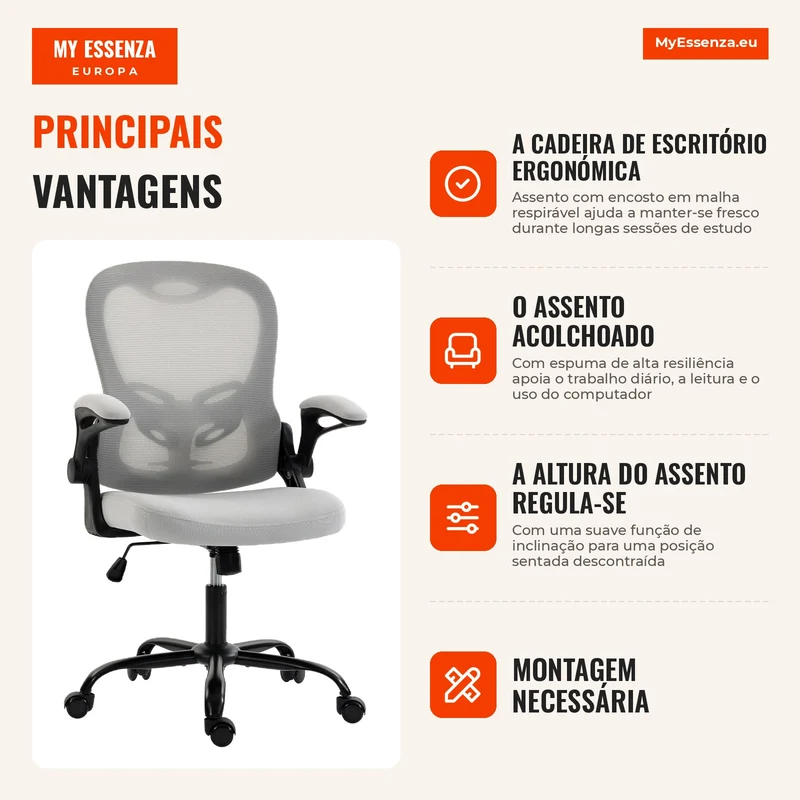 Cadeira de Escritório Ergonômica Poltrona em Malha Apoios de Braço Rebatíveis Altura Regulável Função de Inclinação Cinza
