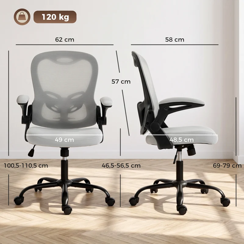 Cadeira de Escritório Ergonômica Poltrona em Malha Apoios de Braço Rebatíveis Altura Regulável Função de Inclinação Cinza