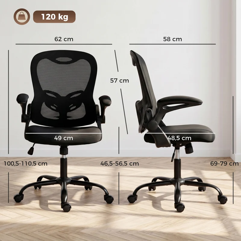 Cadeira de Escritório Ergonômica Cadeira de Escritório em Malha Apoios de Braço Rebatíveis Altura Ajustável Função de Balanço Preta