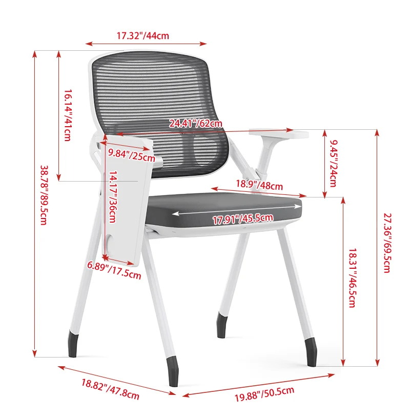 Modern Multi-Functional Mesh Conference Training Chair - Rectangular Foldable Ergonomic Office Chair With Stackable Writing Board For Home Office